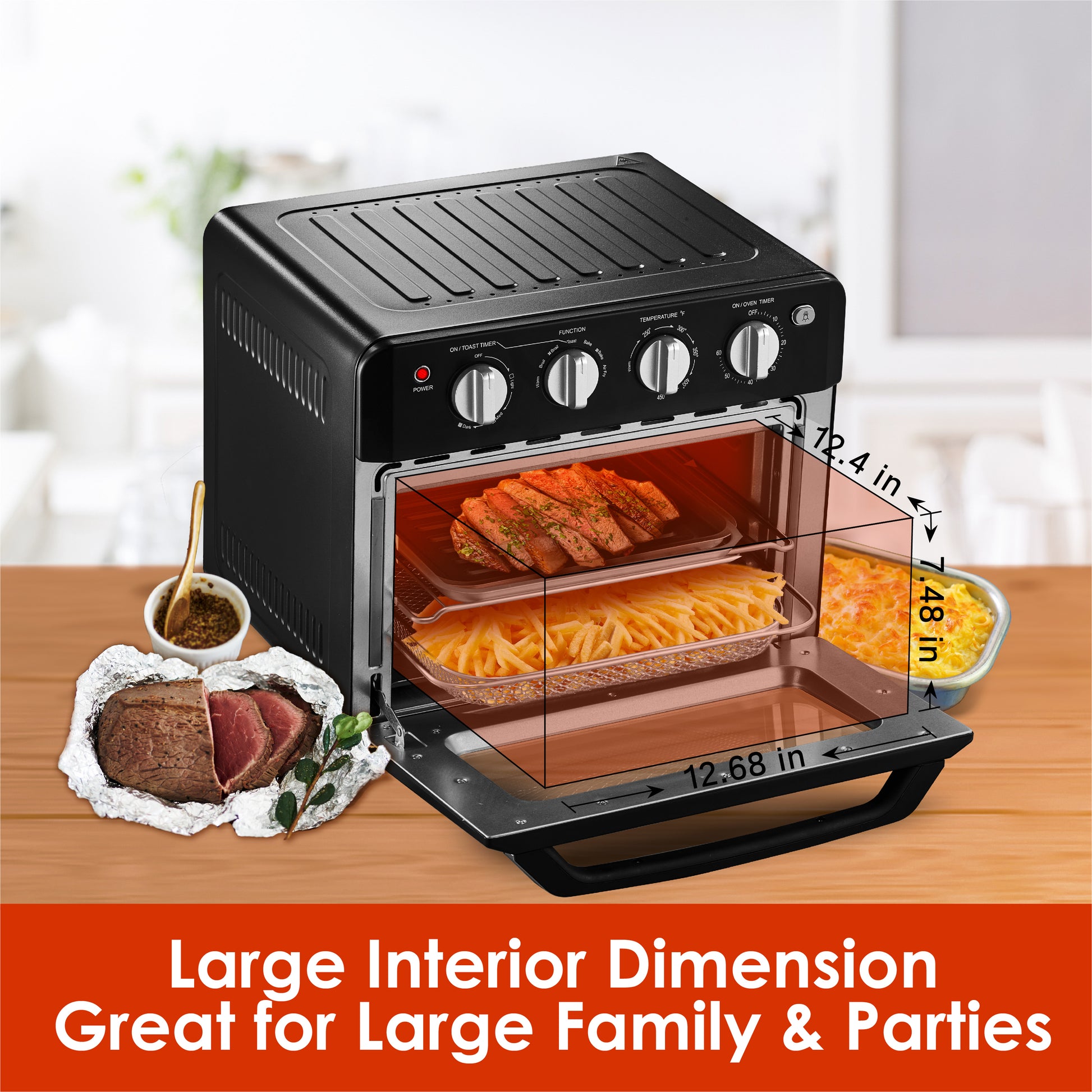 19 QT Toaster Oven Countertop, 7-in-1 1550W Convection Air Fryer with  Timer, Temperature Control, 5 Accessories